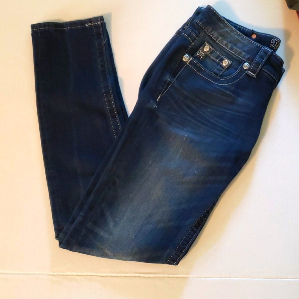 Miss Me Signature Cuffed Skinny Dark Wash Silver stitching